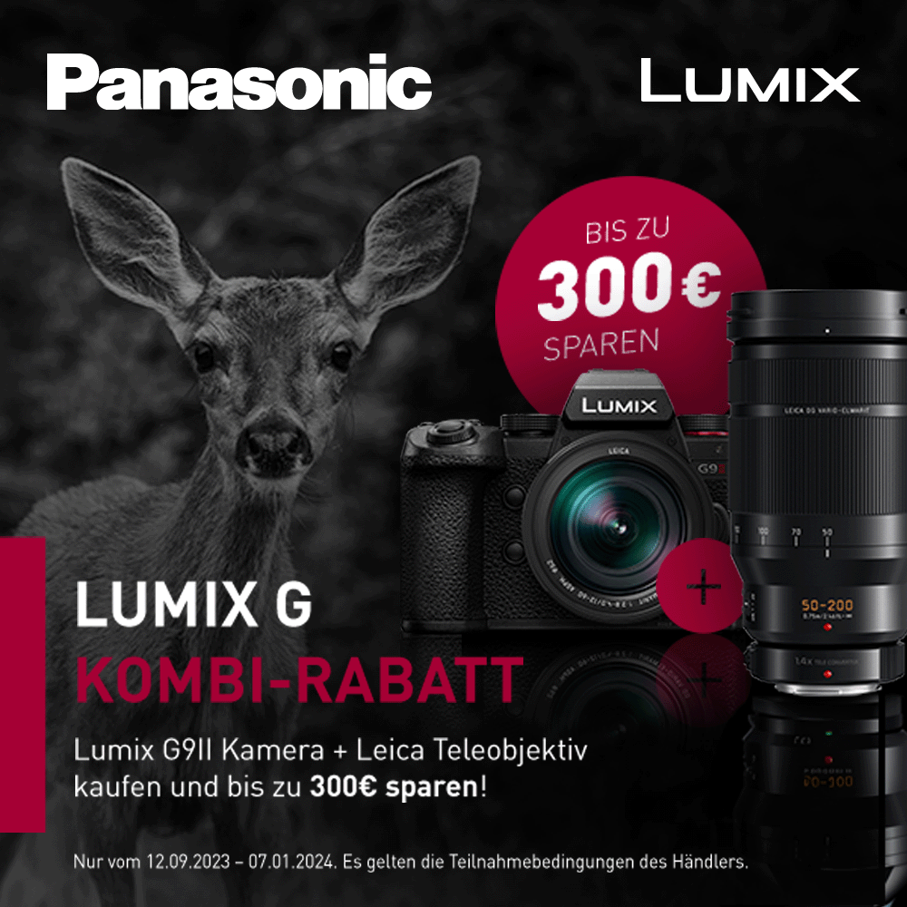 Jetzt Panasonic Lumix DC-G9II und teilnehmendes Aktionsobjektiv kaufen und bis zu 300,00 € Sofortrabatt erhalten (12.09.2023 - 07.01.2024)