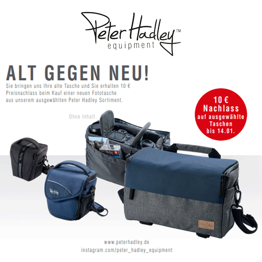 Jetzt ausgewählte Peter-Hadley Tasche kaufen, alte Fototasche zurückgeben und EUR 10,00 Rabatt erhalten (05.12.2022 bis 14.01.2023)