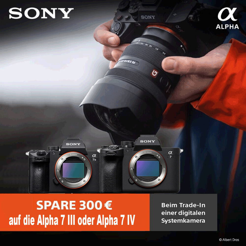 Jetzt Sony Alpha 7III oder 7IV kaufen, digitale Systemkamera eintauschen und 300,00 € TradeIn-Bonus erhalten (01.10.2023 bis 15.10.2023)