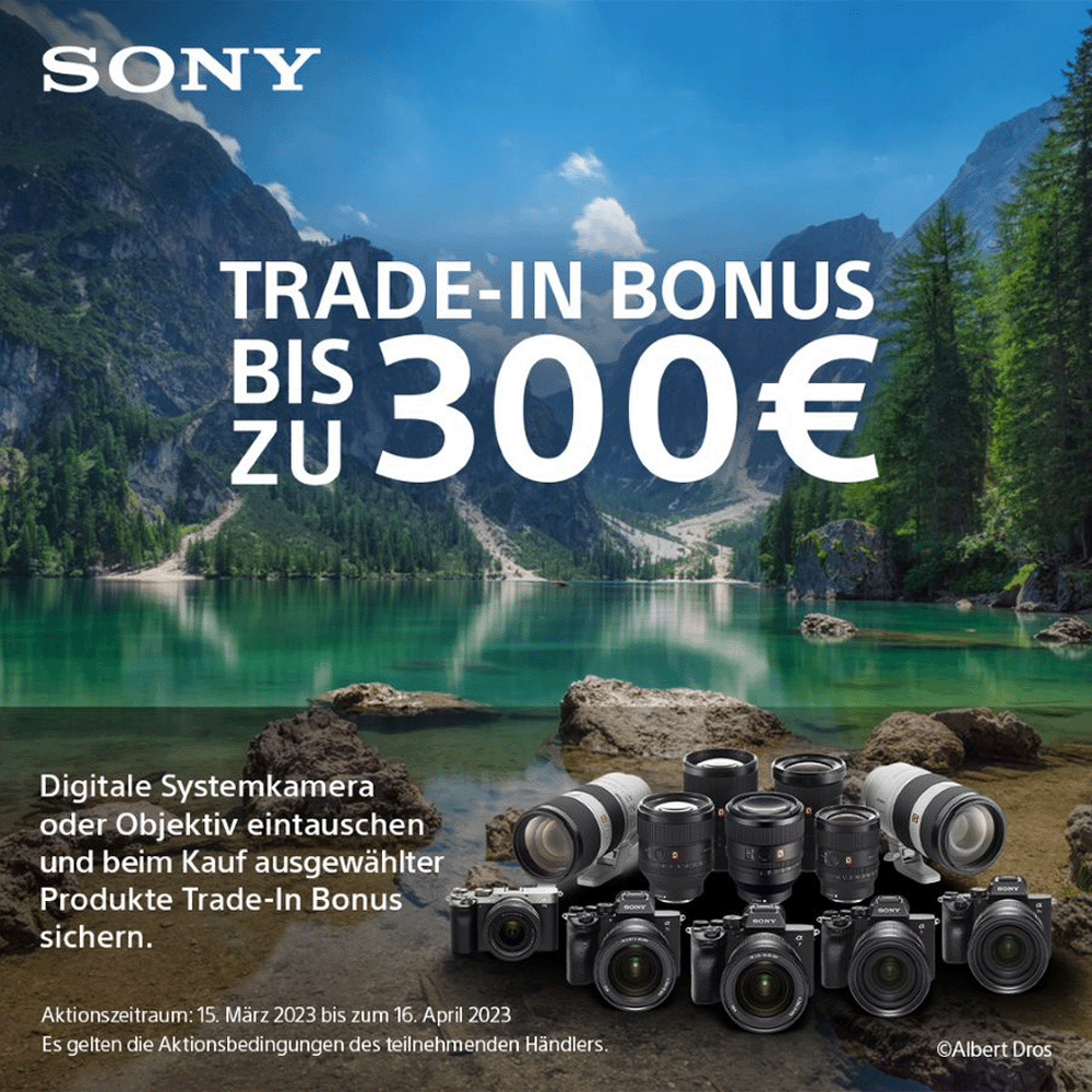 Jetzt teilnehmenden Sony Artikel kaufen, digitale Systemkamera oder Objektiv eintauschen und bis zu 300,00 € TradeIn-Bonus erhalten (15.03.2023 bis 16.04.2023)