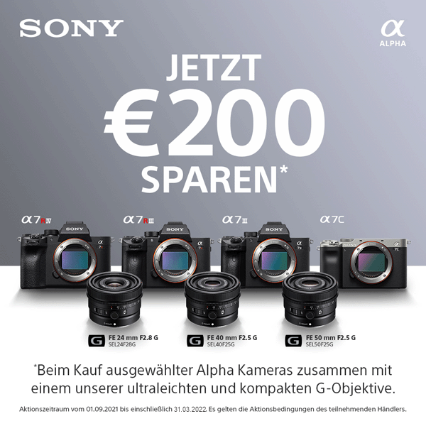 Jetzt teilnehmende Sony Alpha Kamera zusammen mit Aktionsobjektiv kaufen und 200,00 € Kombirabatt erhalten (01.09.2021 bis 31.12.2022)